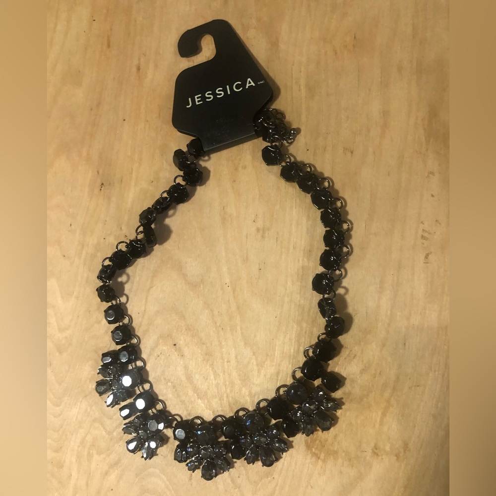 Jessica Black Crystals Diamond Stone Necklace Cascading Floral Clusters
